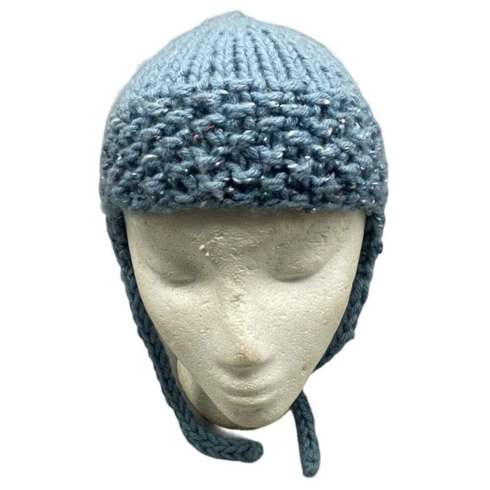 handmade knit beanie hat ties blue one size READ